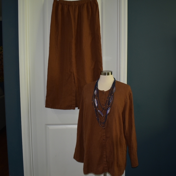 Flax maxi linen skirt and top brown button down - Picture 2 of 12